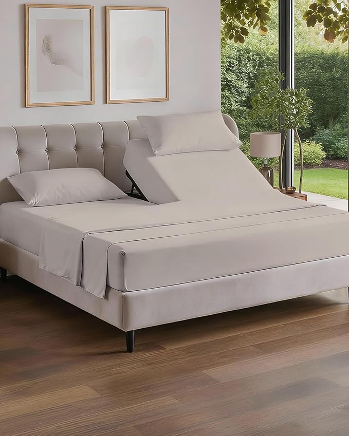 Split Head King Sheets Set - Top Split King Sheets for Adjustable Beds, Easy-Fit Split Head King Mattress - Flex Split Top King Sheets, Easy-Fit, Breathable, Deep Pocket Split King Sheets - Light Grey