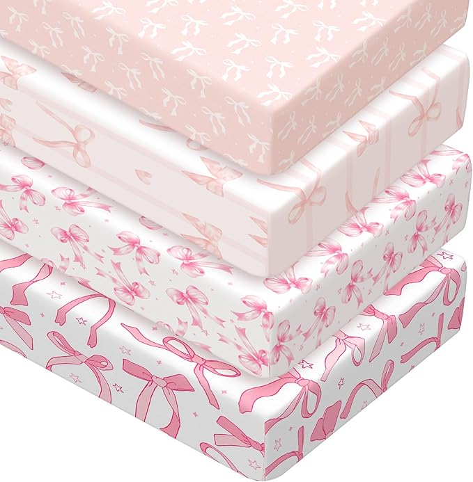 Peryiter 4 Pack Crib Sheets Girl Soft Baby Bed Sheet Set 52'' x 28" Nursery Crib Sheets for Standard Bed for Nursery Decor Baby Boys or Girls(Pink,Pink Bow)