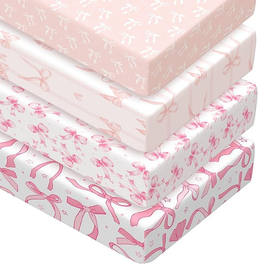 Peryiter 4 Pack Crib Sheets Girl Soft Baby Bed Sheet Set 52'' x 28" Nursery Crib Sheets for Standard Bed for Nursery Decor Baby Boys or Girls(Pink,Pink Bow)