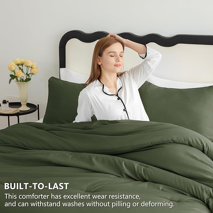 CozyLux Oversized King Comforter Set Olive Green, 3 Pieces 120x98 Solid Breathable Quilted Style Bedding Sets All Season, Luxury Soft Down Alternative Comforter Bed Set (1 Comforter & 2 Pillowcases)