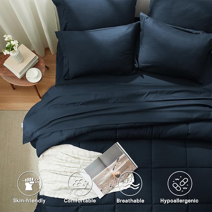 Anluoer King Size Bed in a Bag 7 Pieces, Navy Blue Bed Comforter Set with Sheets, All Season Bedding Sets with 1 Comforter,2 Pillow Shams,2 Pillowcases, 1 Flat Sheet, 1 Fitted Sheet