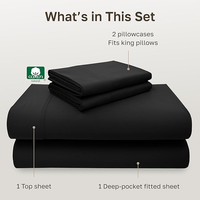 California Design Den King Sheet Set - Luxury 600 Thread Count Sateen, Natural 100% Cotton, Fully Elasticized Deep Pocket King Bed Sheets, Crisp, Cool and Durable Hotel Quality Bedding - Black