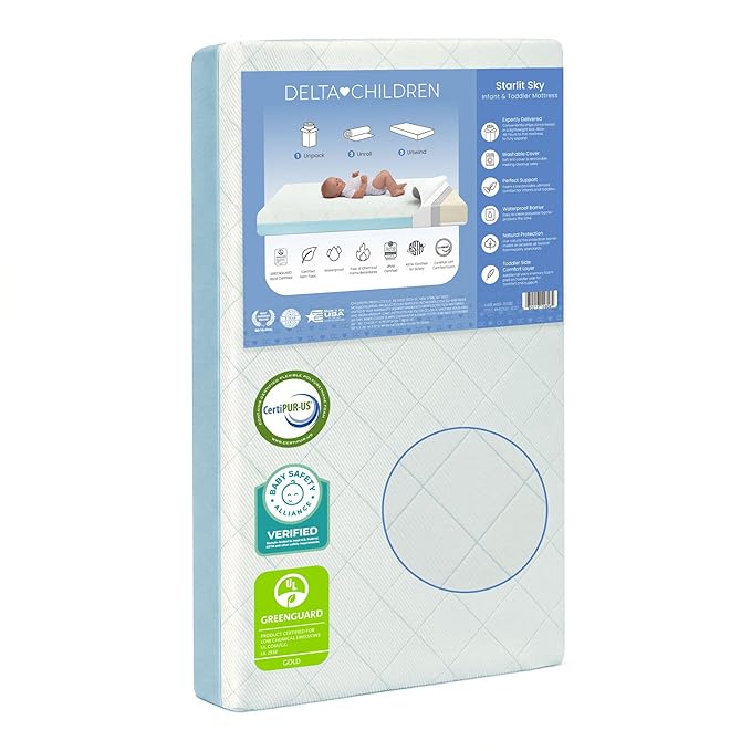 Delta Children Starlit Sky 2-Stage Crib and Toddler Mattress for Infants & Toddlers - Removable Machine Washable Mattress Cover - Waterproof - GREENGUARD Gold - Made in USA, Blue
