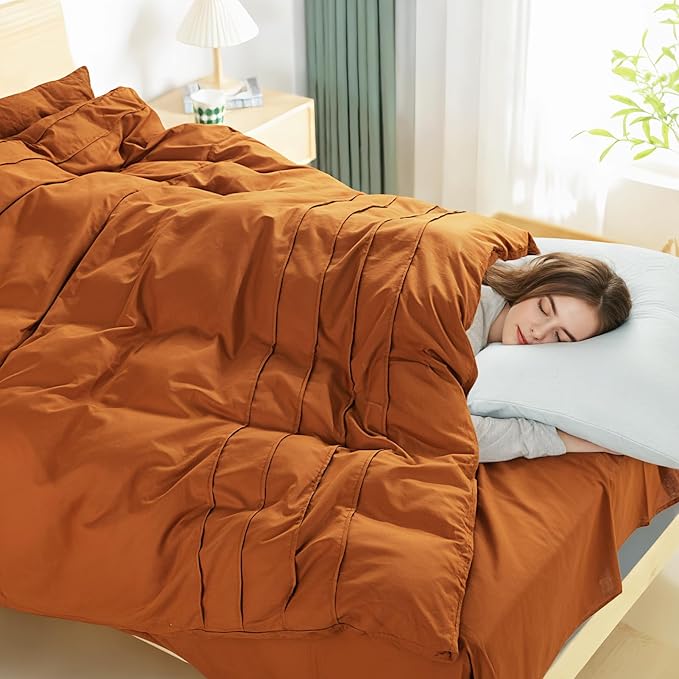 NEXHOME PRO 100% Organic Cotton Duvet Cover Oalifornia King,Linen Like Pleated Textured Terracotta Burnt Orange Duvet Cover Set, 3pc Bedding Set with Zipper Closure, Soft,104"x98", No Comforter