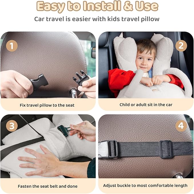 FLORICH Kids Travel Pillow, Car Sleeping Travel Pillow for Kids, Removable H-Shaped Pillow for Adults and Children to Support Head and Body Road Trips with Neck Pillow and Blanket (Beige White)