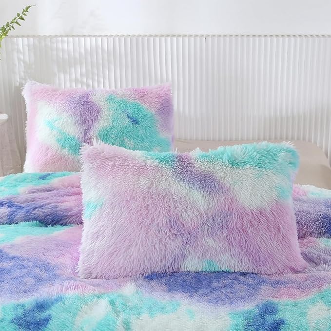 PERFEMET Purple Long Faux Fur Plush Comforter Twin 3-Piece Colorful Rainbow Fluffy Shaggy Girls Bed Sets for Teens Kids Tie Dye Fuzzy Furry Bedding Comforter Set(Purple, Twin)