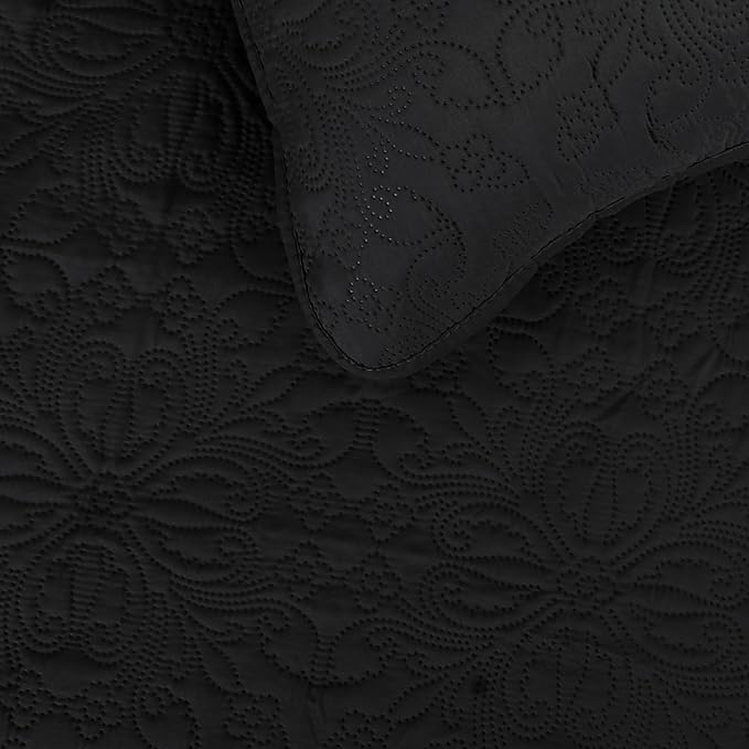 Easy-Going Full/Queen Size Reversible Quilt Set with 1 Quilt and 2 Pillow Shams, Soft Bed Quilt Cover, Water Resistant Lightweight Microfiber Bedspread, Stain Resistant, Damask-Black/Beige