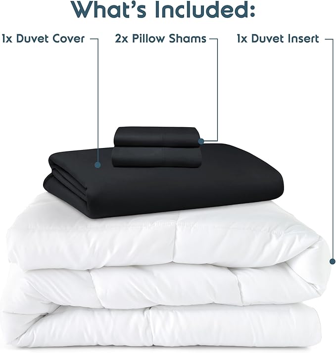 Nestl Queen Duvet Cover Set with Comforter Insert - Black 4 Piece 90x90 Duvet Cover & 2 Pillow Shams with White Quilted Down Alternative Comforter, Ultra Soft, All Season