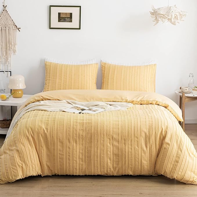 WARMDERN Yellow Boho Duvet Cover, Striped Textured Duvet Cover Tufted Bedding Set, 2 Piece Twin Size Washed Microfiber Duvet Cover with Zipper Closure & Corner Ties(Twin, Yellow)