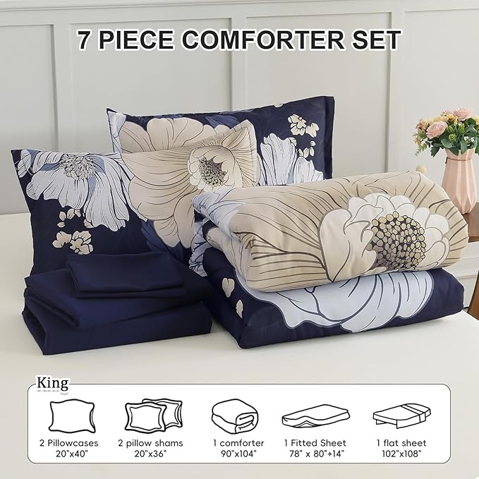 Xruibed Navy Blue Floral Comforter Set King Size 7 Pieces Bed in a Bag Navy Floral Comforter Flower Bedding Sets Lightweight Boho Bed Set with Sheet,Pillowcases&Shams for All Season