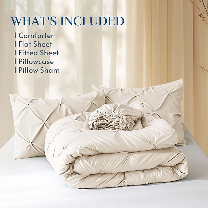 JOLLYVOGUE Twin XL Comforter Set 5 Pieces - Bed in a Bag Twin XL for All Season, Pintuck Bedding Comforter Sets with Comforter, Flat Sheet, Fitted Sheet and Pillowcases & Shams, Beige