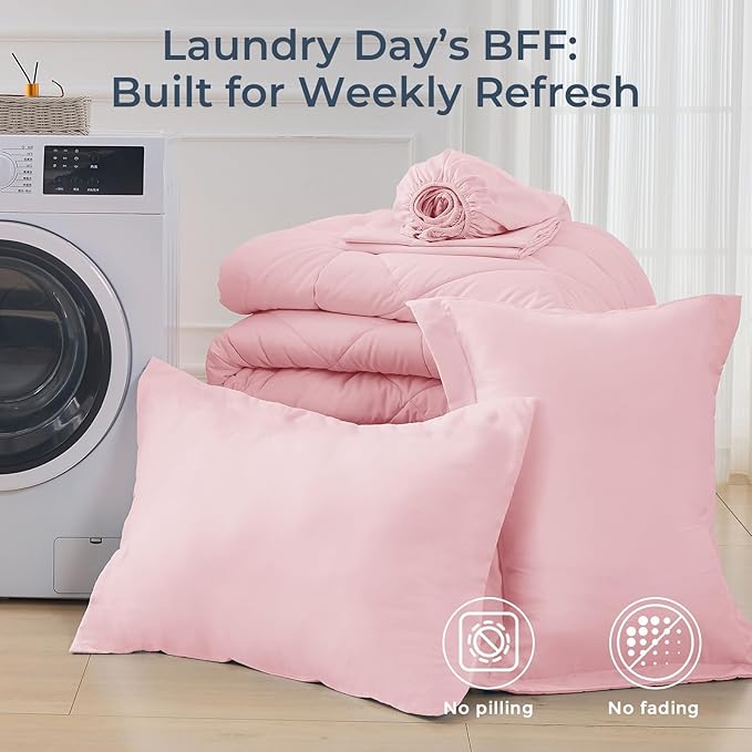 HEVUMYI Pink Twin Comforter Set - 5-Piece All Season Bed in a Bag Twin, Ultra Soft Bedding Set with Comforter, Flat Sheet, Fitted Sheet, Pillowcases, Pillow Shams, Pink