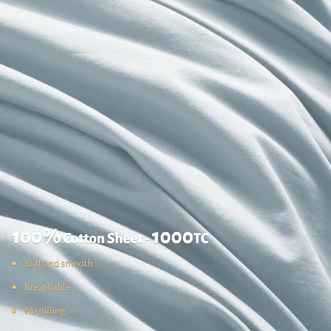 Shilucheng 100% Egyptian Cotton King Size Sheets Set - 1000 Thread Count，Luxury Cotton Bed Sheets，Breathable & Cooling Bedding and Pillow Cases, 16 Inch Deep Pocket - 4 Piece(Light Blue,King)