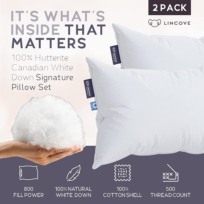 Lincove Signature 100% Natural Canadian White Down Pillow - Luxury Sleeping Pillow for Back, Stomach & Side Sleepers - 800 Fill Power Bed Pillow, 500 Thread Count, Made in Canada, King - Firm, 2 Pack