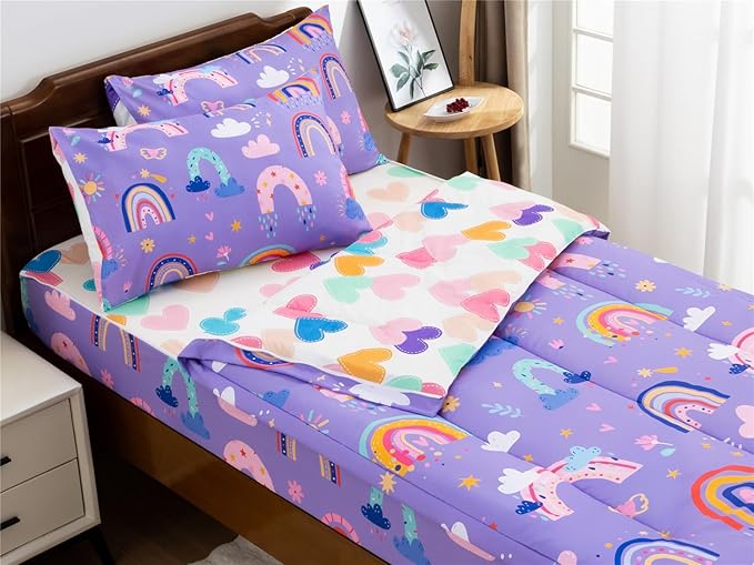 NTBED Rainbow Printed Zipper Bedding Sets Twin Lightweight Microfiber Cloud Comforter Sets with Fitted Sheet Pillow Covers,Purple
