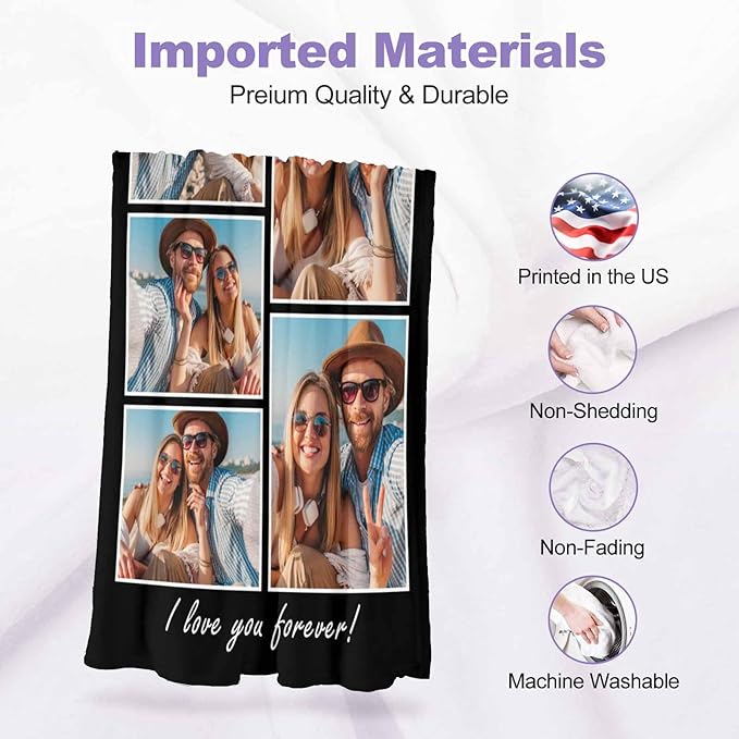 Personalized Picture Collage Blanket, 5 Photos Custom Blanket Personalized Photo Blanket Customized Couple Gifts for Girlfriend Boyfriend Wife Husband, 8 Sizes