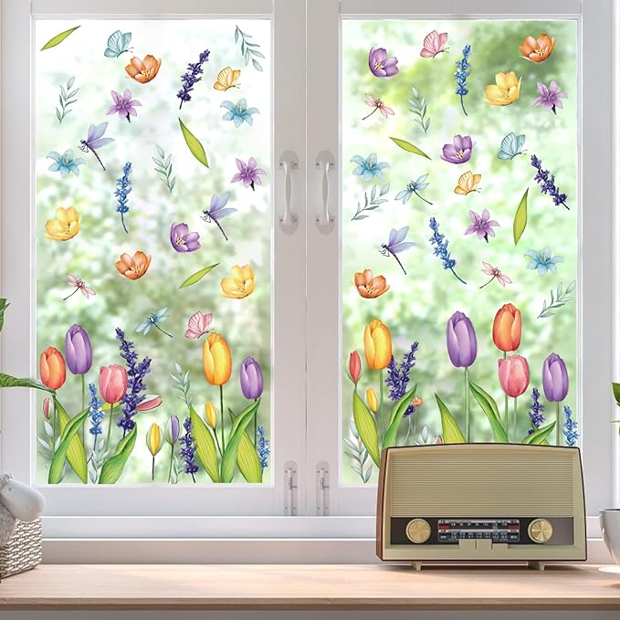 AKEROCK Spring Window Clings, Colorful Flower Static Window Stickers for Spring Decor, Decorations for Home
