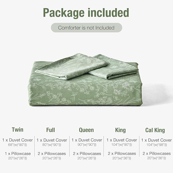 Lekesky Queen Size Duvet Cover Set, White Floral Pattern Queen Size Duvet Cover, 3 Piece Green Comforter Cover with Zipper, Ultra Soft Microfiber Bedding Set with 2 Pillowcases