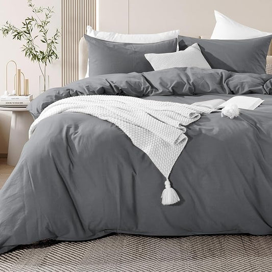 NEXHOME PRO Cotton Duvet Cover Set King Size Linen Look Textured Organic Natural 100% Washed Cotton Duvet Cover 3 Pieces Bedding Set with Zipper Closure, Breathable, Soft, Grey (No Comforter)