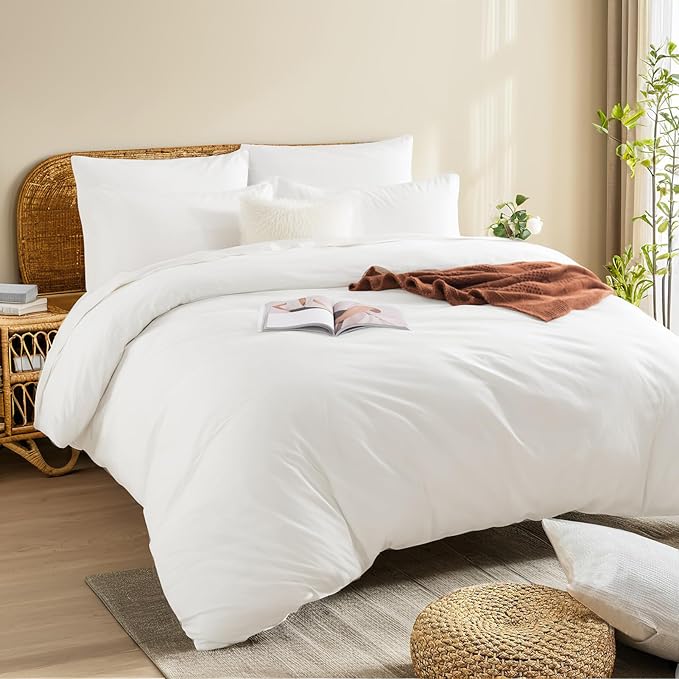 NEXHOME PRO Duvet Cover Set California King Linen Look Textured Cream White Organic Natural 100% Washed Cotton Duvet Cover 3 Pieces Bedding Set with Zipper Closure, Breathable, Soft (No Comforter)