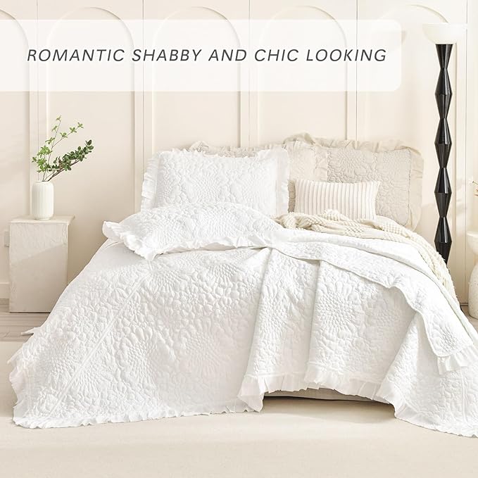 Lady Ann Cream White Oversized King Quilt Set, Stone-Washed Ruffle Oversized King Bedspreads 120x120 for Bed, Lightweight 3 PCS Shabby Quilted Crinkled Coverlet Farmhouse Rustic Bedding Set All Season
