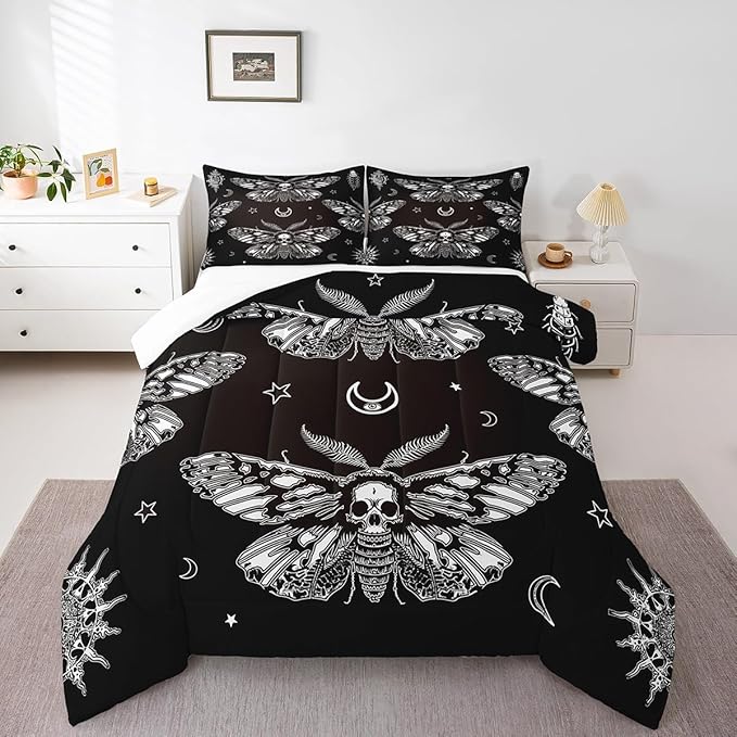 Boys Boho Moth Comforter Set Queen Size Men Gothic Skull Bedding Set for Girls Women Bedroom Decor Bohemian Moon Star Comforter Personalized Moth Skull Skeleton Bones Duvet Set Teens Quilt Set