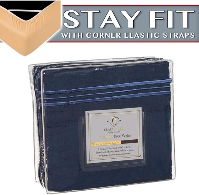 Clara Clark 1800 Series Bed Sheet Sets - Stay fit on Mattress with Elastic Straps at Corners - Full (Double), Navy Blue