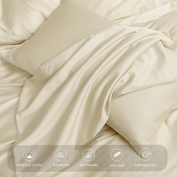 MooMee Duvet Cover Set 100% Extra Long Staple Cotton 600 Thread Count Silky Sateen Smooth Luxury Soft Breathable Durable Hotel Quality Bedding, 3 Pieces (Butter Yellow, Queen 90"x90")