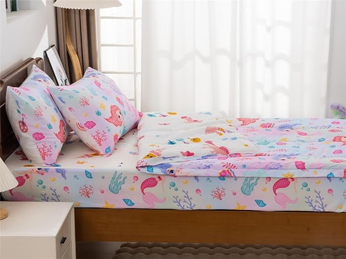 NTBED Mermaid Printed Zipper Bedding Sets Twin Lightweight Microfiber Girls Kids Ocean Comforter Sets with Fitted Sheet Pillow Covers,Multi