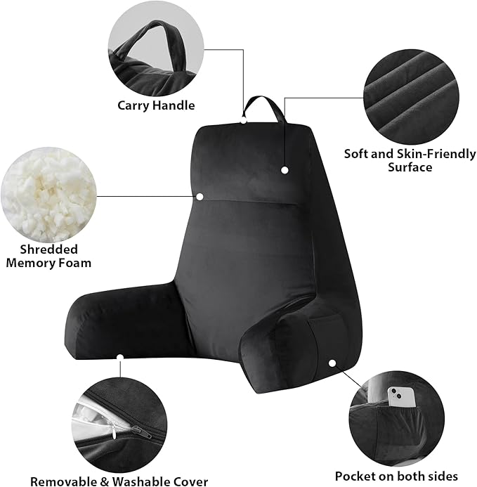 Reading Pillow with Arms for Adult, Back Pillow for Bed Sitting Up, Shredded Memory Foam Backrest Pillow with Pockets & Removable Washable Cover, Lounging, Watching TV, Reading(24inch Black)