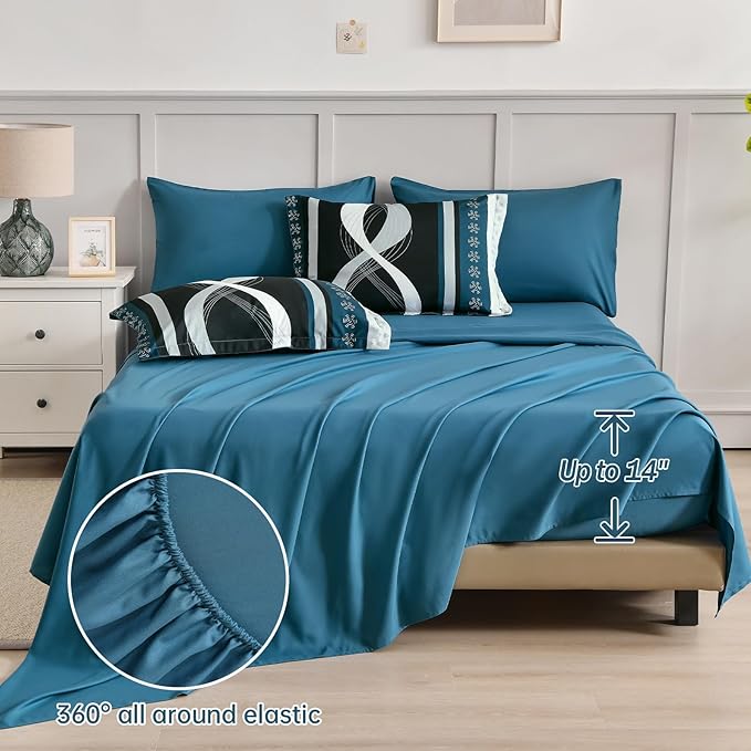 Anibedding Comforter Set Full Size,8 Piece Teal Boho Bed in a Bag,Striped Patchwork Comforter Bedding Set for All Season(78"×90")