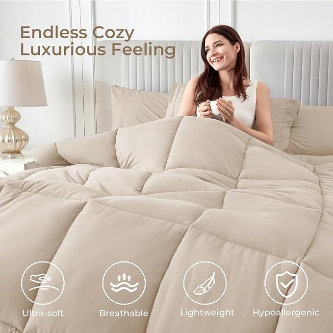 Sasttie King Size Comforter Set, 7 Pieces Bed in a Bag King, Complete Bedding Set Includes Comforter, Flat Sheet, Fitted Sheet, Pillowcases and Pillow Shams, Beige