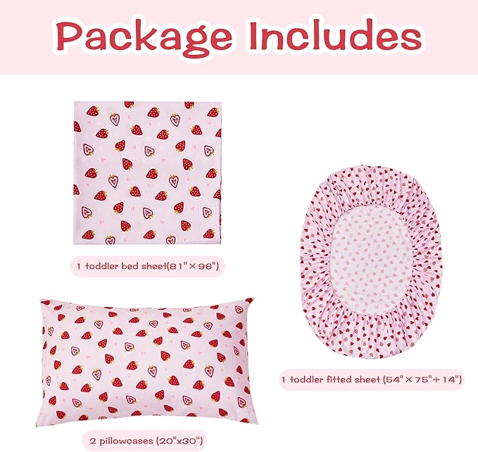 Kids Sheet Set Full Size, Girls Full Sheet Set with Floral Pink Strawberry Pattern，Breathable Silky Soft Microfiber Kids Fitted Sheet