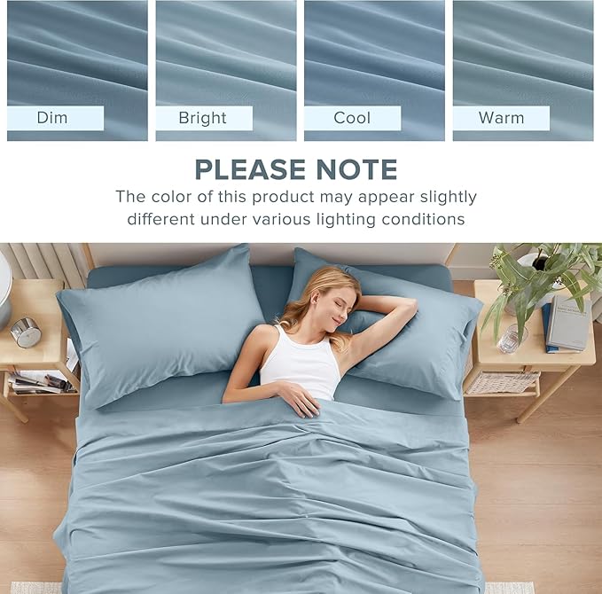 Comfort Spaces Extra Deep Pocket, 100% Cotton Sheets Queen Fits up to 24" Mattress, Breathable, Naturally Cool Cotton, Soft Cotton, All Seasons Sheet Set, Blue 4 Piece