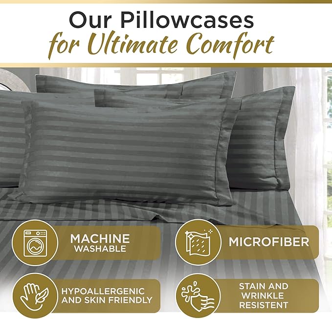 Twin XL 100% Microfiber Double Brushed Sheet Set - Extra-Soft & Wrinkle-Free - 15" Deep Pockets, 39" x 80" - Ideal for Dorms, Hospitals & Split King Beds - 3 PC Set (Twin XL, Damask Grey Stripe)