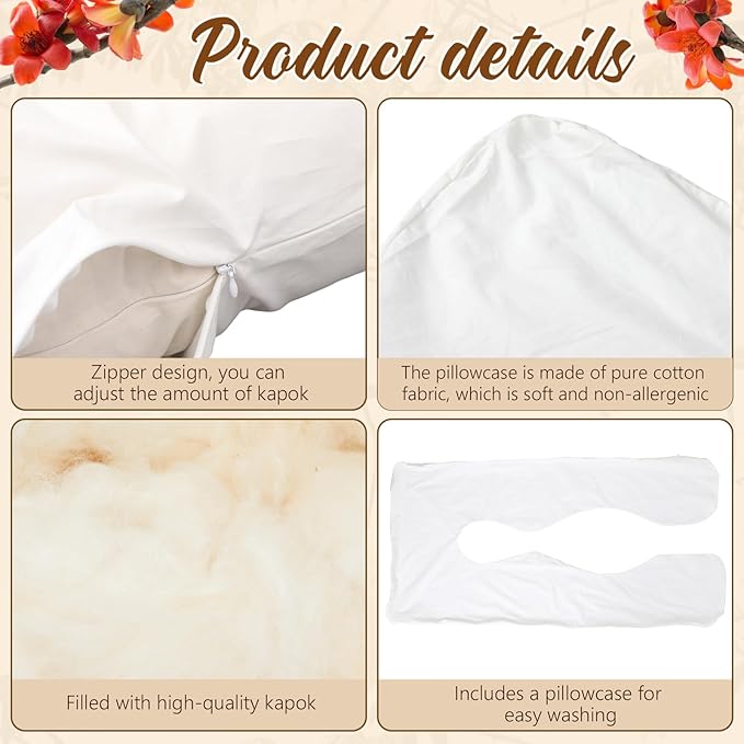 Leinuosen Pregnancy Pillow U-Shape Full Body Maternity Pillows 63 Inch Natural Kapok Fiber Filled with Breathable Cotton Shell for Legs, Back, Neck, Shoulder, HIPS, Belly for Pregnent Women