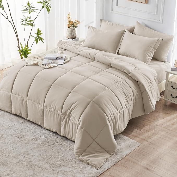 JOLLYVOGUE Queen Comforter Set, Ultra-Soft Bed in a Bag Queen Size 7 Pieces, Oeko-TEX Certified Bedding Set with Down Alternative Comforter, Sheets, Pillowcases & Shams, Oatmeal