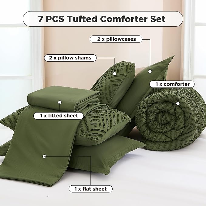 Andency Oversized Queen Comforter Set Olive Green - 7 Pieces Bed in a Bag Oversized Queen Boho Olive Green Bedding Comforter Sets, Tufted Bed Set with Comforter, Sheets, Pillowcases & Shams