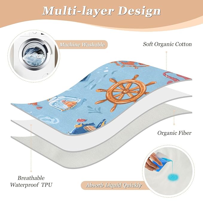 Waterproof Bed Pad Reusable Changing Pad Toddler Mattress Protector Large Pee Pad Baby Diaper Pad Soft Washable Liner Blue Pirate Treasure Box Anchors Octopus