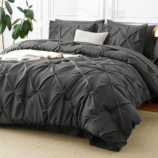 CozyLux California King Comforter Set Dark Grey - 7 Pieces Cal King Pintuck Bed in A Bag Gift for Family, Pinch Pleat Bedding Sets with All Season Comforter, Sheets, Pillowcases & Shams