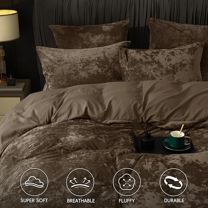 PHF Truly Velvet Duvet Cover Set Twin Size, 2pcs Ultra Soft Breathable Comforter Cover Set, Luxury Cozy Flannel Duvet Cover with Pillow Shams Bedding Collection, 68" x 90", Dark Khaki
