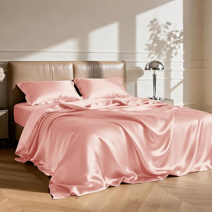 Love's cabin Twin Satin Sheets Sets - 3 Piece Coral Silky Bed Sheets with Deep Pockets, Luxury Silk Feel Satin Twin Size Sheet Set Bedding Set (1 Flat Sheet,1 Fitted Sheet,1 Pillow case)