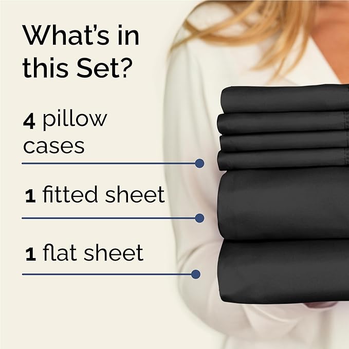 Full 6 Piece Sheet Set - Comfy Breathable & Cooling - Ultra Soft Hotel Luxury Bedding Set with 8-16 Inch Deep Pockets - 1 Flat & 1 Fitted Sheet & 4 Pillowcases - Cozy, Wrinkle Free & Easy Care - Black