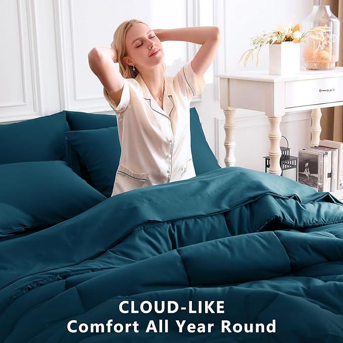 CozyLux Queen Size Comforter Sets Lyons Blue, 7 Pieces Bed in a Bag, Blue Comforter Queen Size, All Season Bedding Sets with Stitch Quilted Comforter, Flat Sheet, Fitted Sheet, Pillowcases