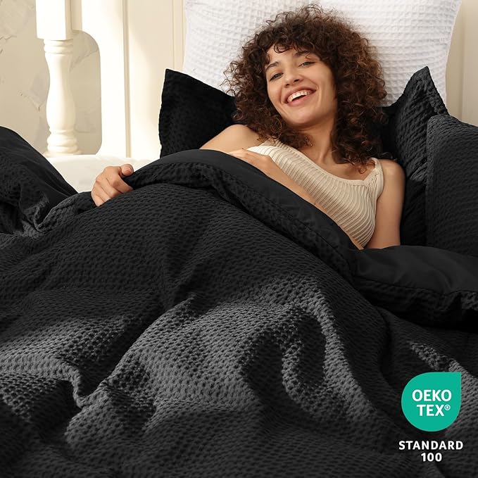 PHF Waffle Weave Duvet Cover Set King Size, No Snagging Ultra Soft Luxury Textured Breathable Comforter Cover for All Season 3pcs, Durable Bedding Duvet Set with 2 Pillow Shams, 104"x90", Black