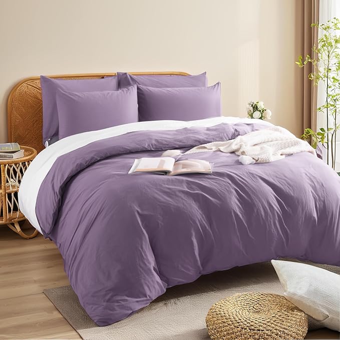 NEXHOME PRO King Duvet Cover Set, 100% Washed Cotton with Linen-Like Texture, Natural Organic, Breathable & Comfortable, Includes Home Bedding Set Dusty Purple (No Comforter) 10490