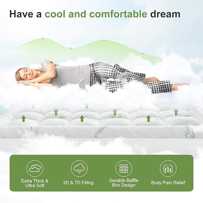 Twin Size Mattress Topper Viscose Derived from Bamboo, Soft Thick Pillow Top Mattress Pad Cover for Back Pain, Cooling Mattress Protector with 8-21 Inch Deep Pocket, White