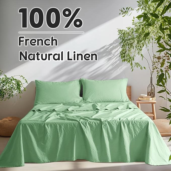 SONORO KATE 100% French Pure Linen Sheets, Breathable and Durable Linen Sheets, Anti-Tear Linen Bed Sheets, Machine Washable, 16 Inch Deep Pocket - 4 Piece (Green, California King)