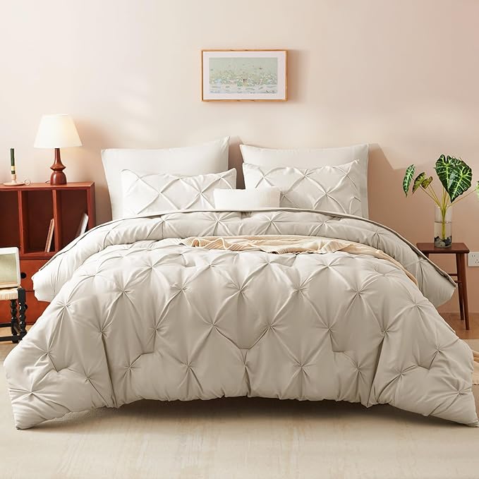 Twin Comforter Set Beige, 5 Pieces Pintuck Bed in A Bag Twin Size Bedding, Soft Bed Set All Season Pinch Pleat Comforter Set with Sheets, Pillowcase & Sham
