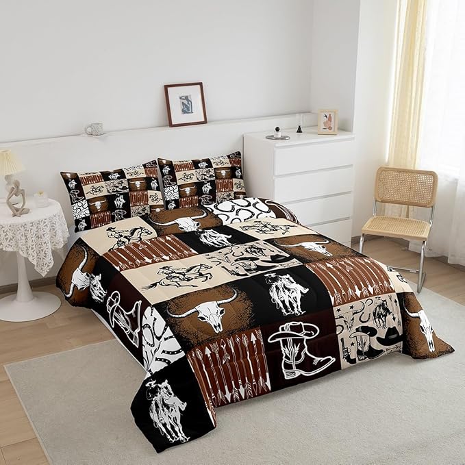 Western Cowboy Comforter Set Kids Teens Vintage Farmhouse Bedding Set Retro Brown Western 3D Geometric Quilt Set Bedroom Decoration King Size 1 Comforter Set 2 Pillowcases